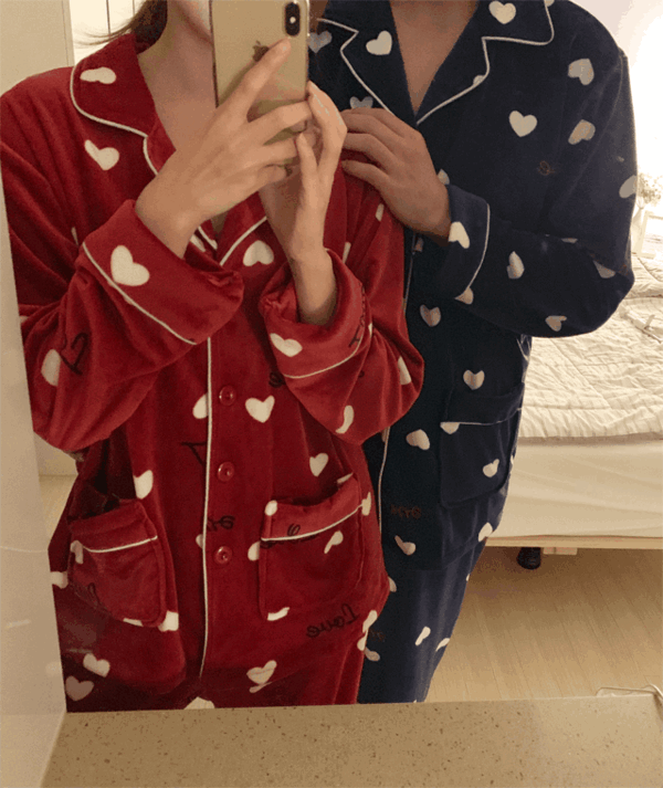 44-77 러브 하트 따뜻한 겨울 극세사 커플 수면 잠옷 (2color)
