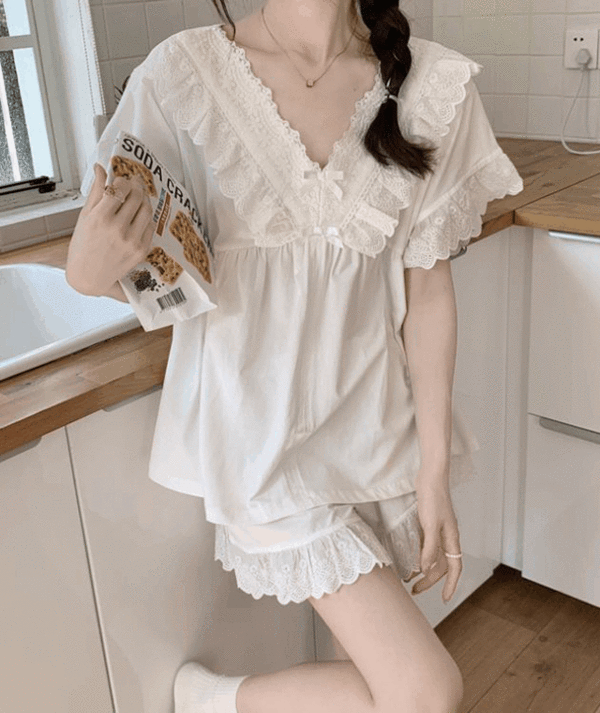 브이넥 러블리 프릴 여성 여름 반팔 잠옷 파자마세트 (2color)