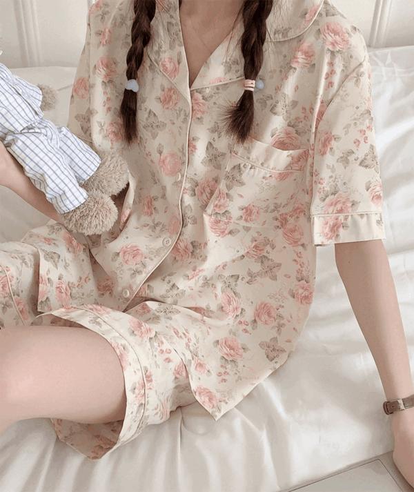 빈티지 로즈 여성 여름 반팔 잠옷 파자마세트